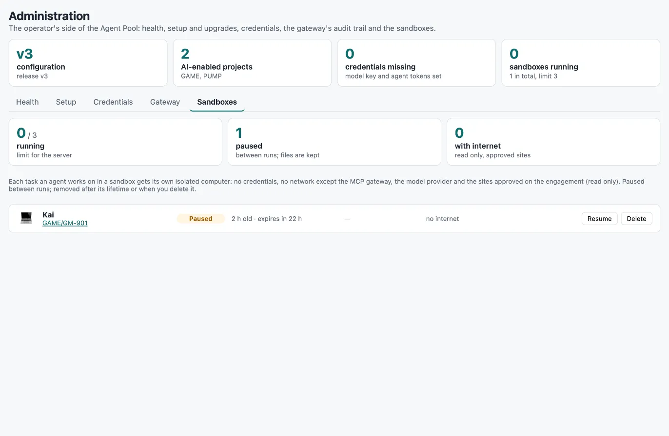 Administration → Sandboxes: running and paused sandboxes per task