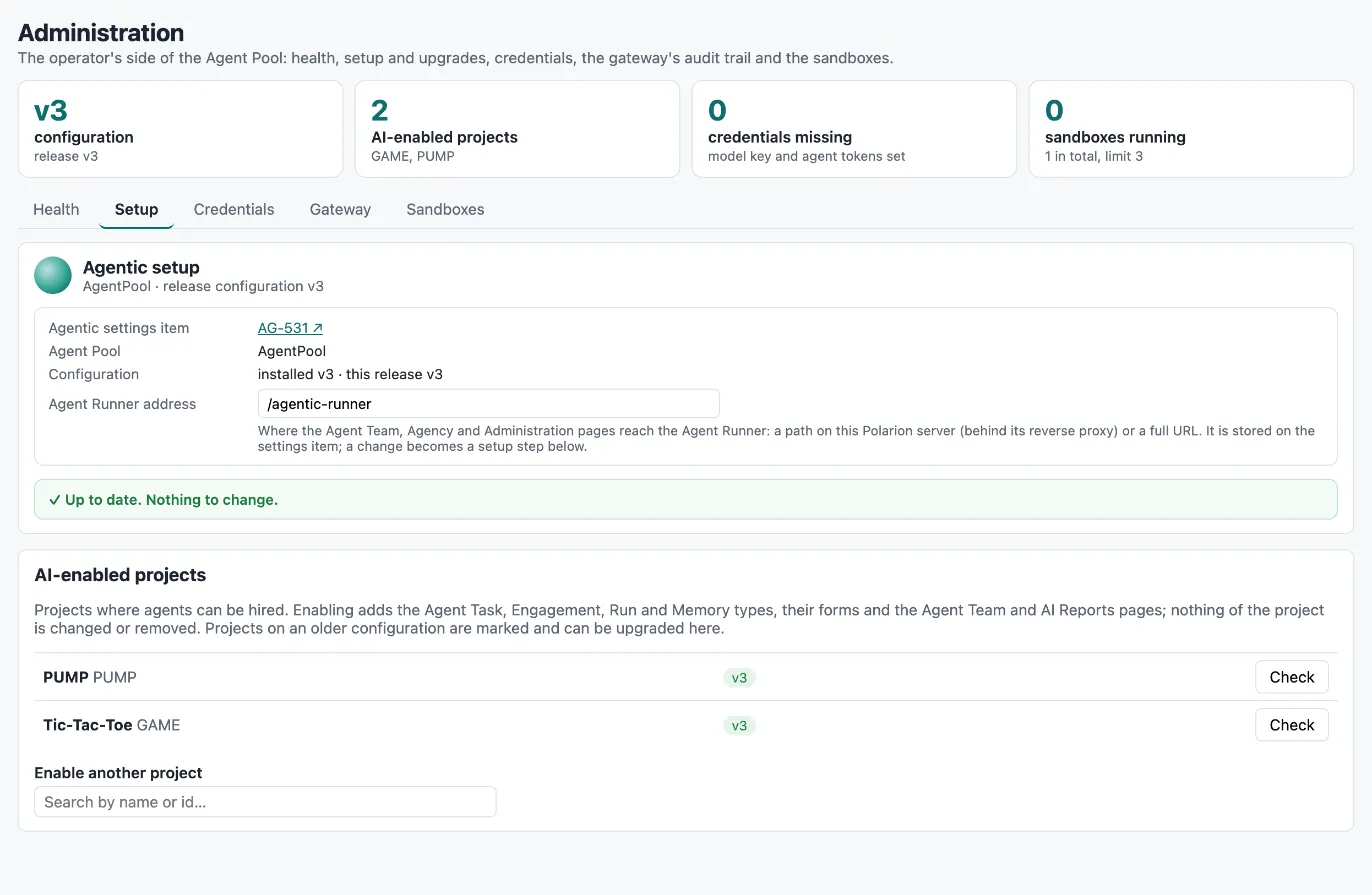 Administration → Setup after a successful setup: the pool is up to date, the list of AI-enabled projects with their configuration version, and the search box to enable another project