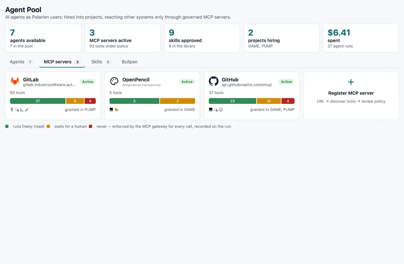 MCP servers in the Agency page, with their tool policy at a glance
