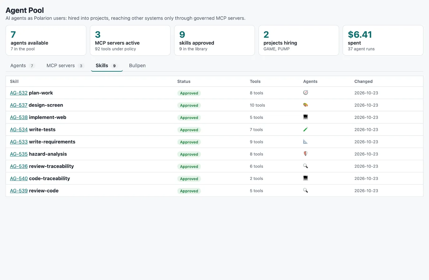 Skills in the Agency page: status, tools and the agents that use them