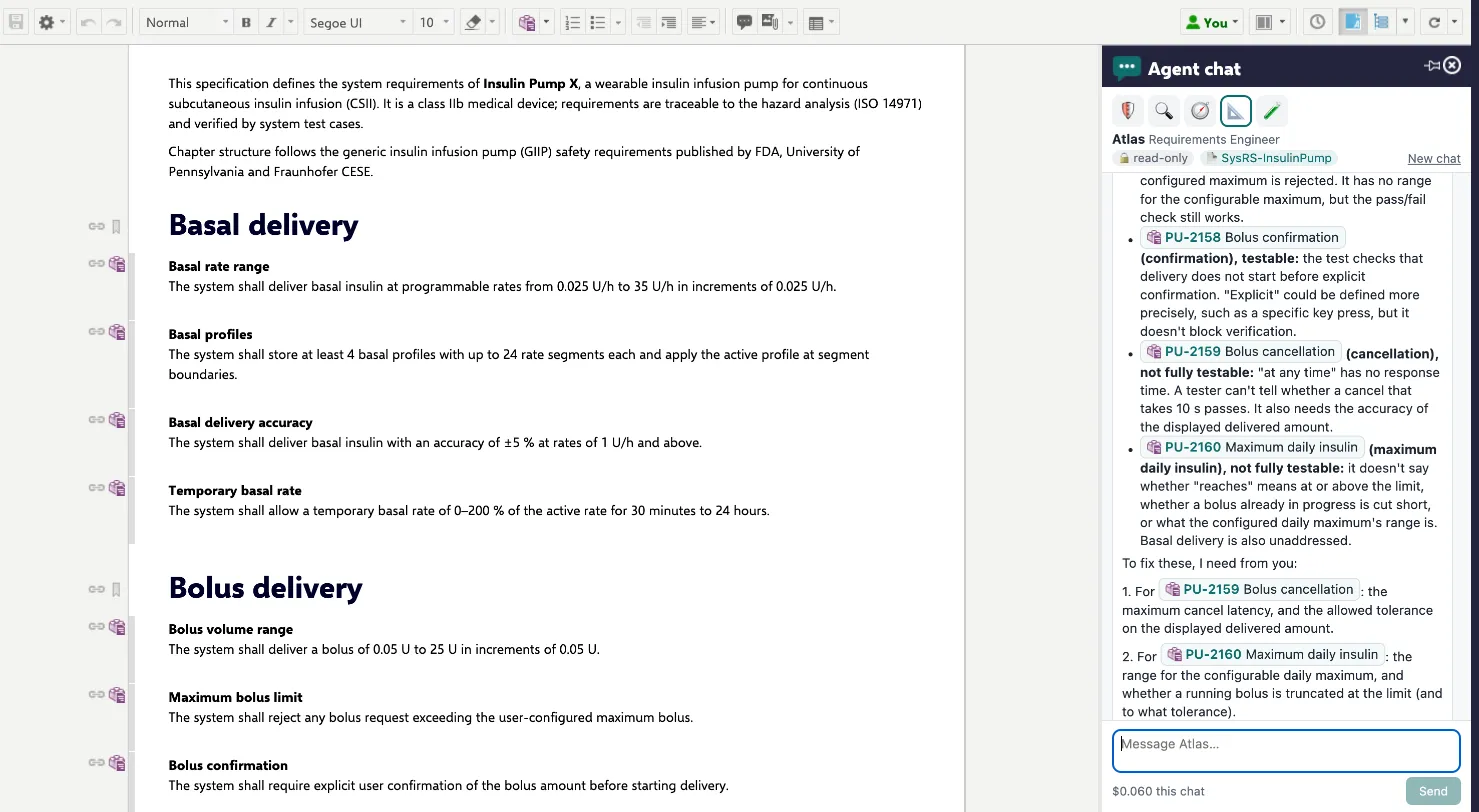 Agent chat next to a LiveDoc: Atlas reviews the Bolus delivery chapter and asks for the missing values