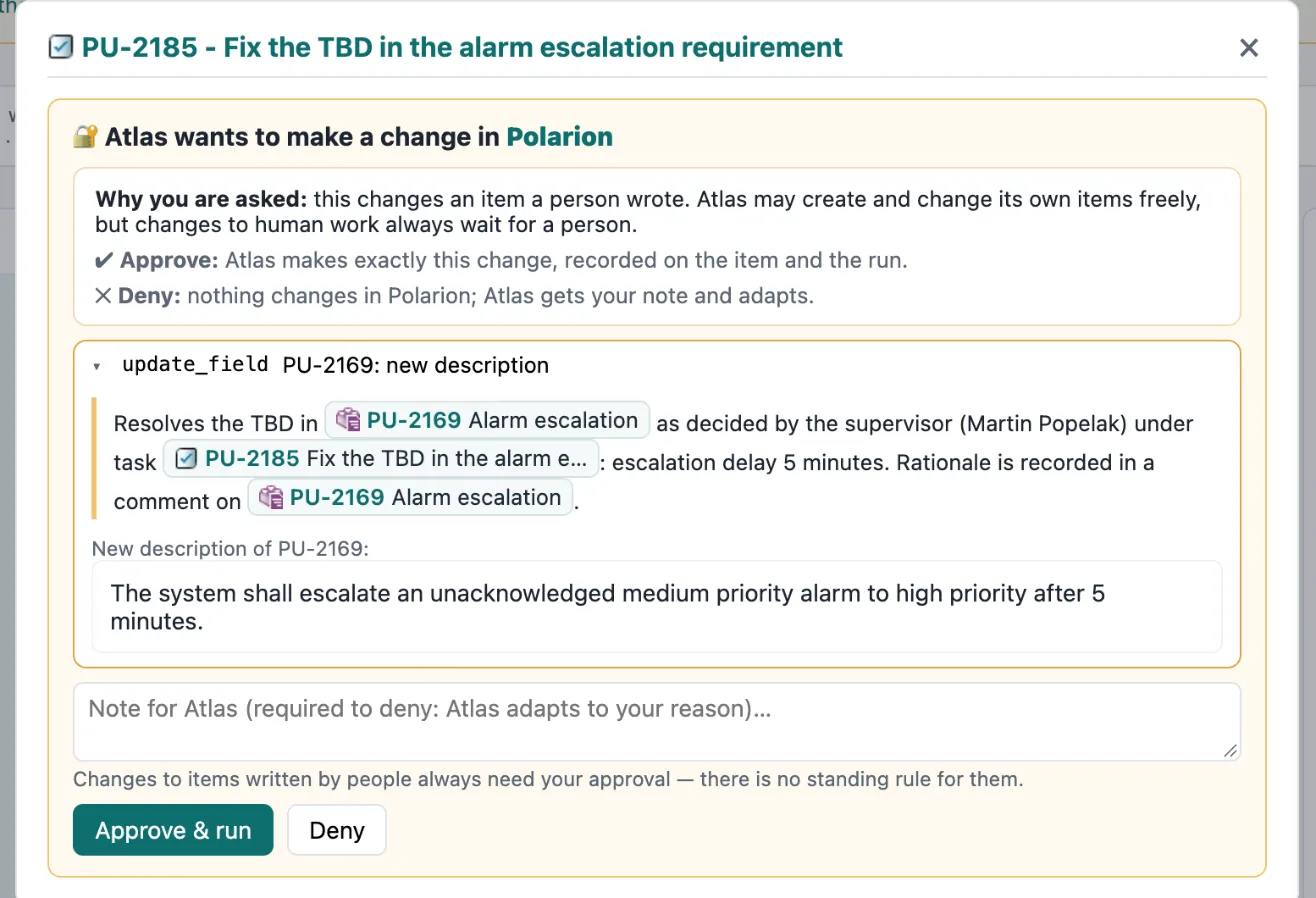 A change to a human-written requirement, held for approval