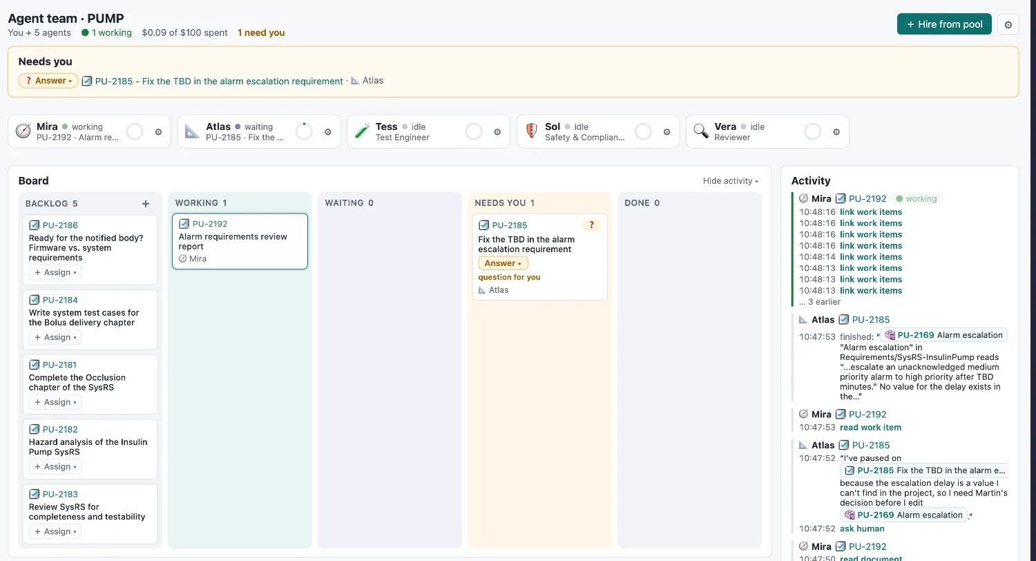 The Agent Team page: Needs you, agent tiles, the board and live activity